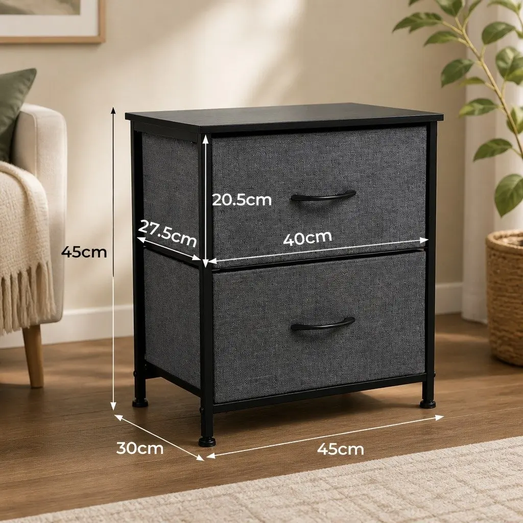 Storage Cabinet MDF Steel 45cm Dark Grey 2 Drawer Nightstand Bedroom Organizer