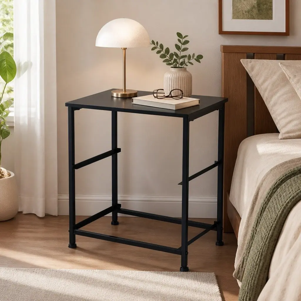 Storage Cabinet MDF Steel 45cm Dark Grey 2 Drawer Nightstand Bedroom Organizer