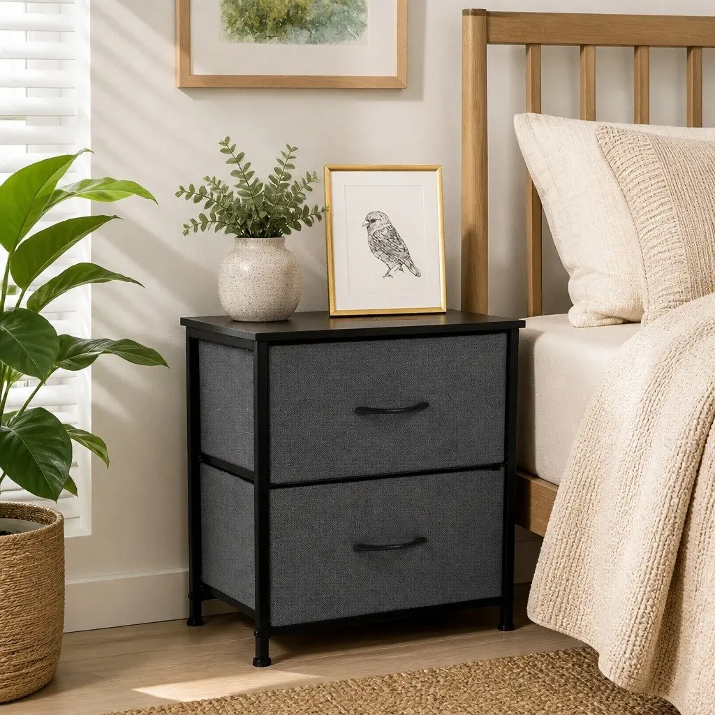 Storage Cabinet MDF Steel 45cm Dark Grey 2 Drawer Nightstand Bedroom Organizer