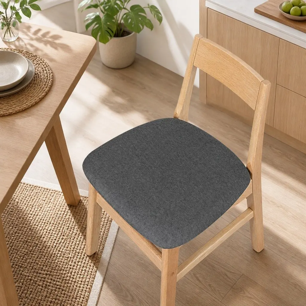 Set of 6 Dining Chairs Natural Wood Frame Linen Upholstered Seating for Kitchen or Dining Table