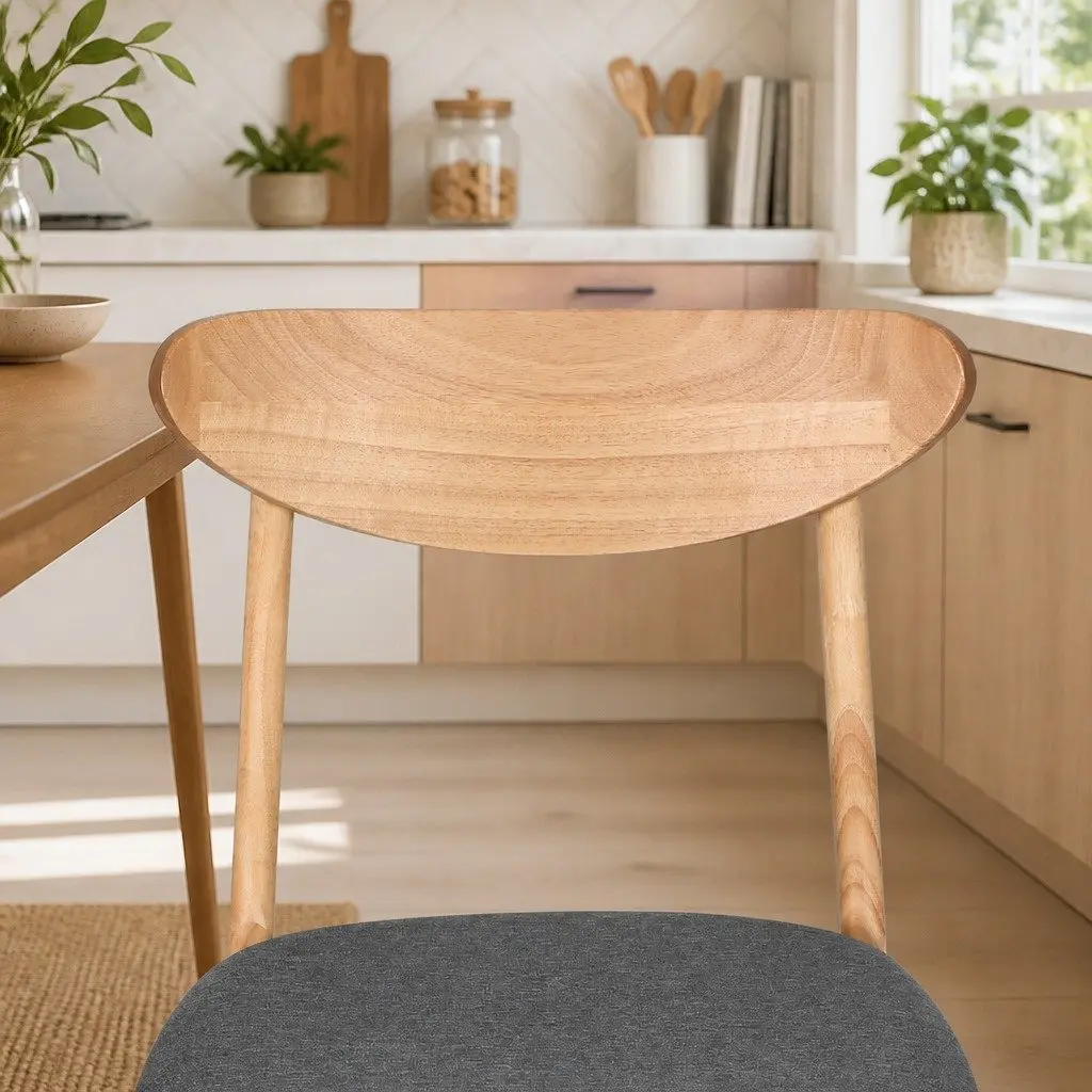 Set of 6 Dining Chairs Natural Wood Frame Linen Upholstered Seating for Kitchen or Dining Table