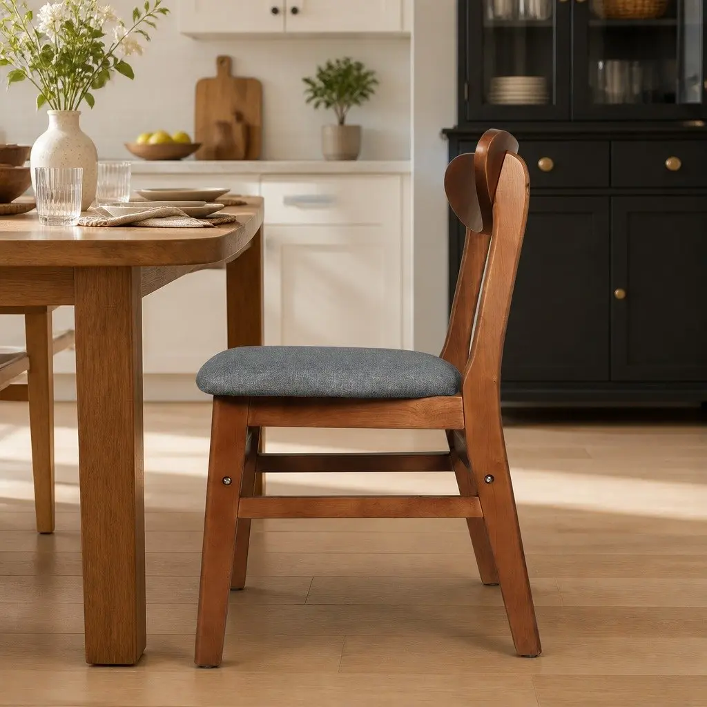 Dining Chairs Wooden Frame 2 Pack Brown Linen Fabric Cushion