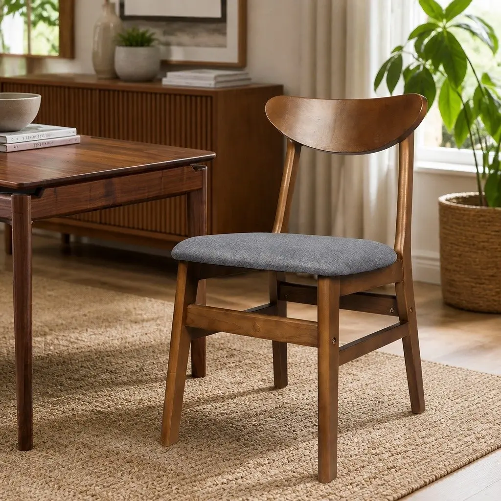 Dining Chairs Wooden Frame 2 Pack Brown Linen Fabric Cushion