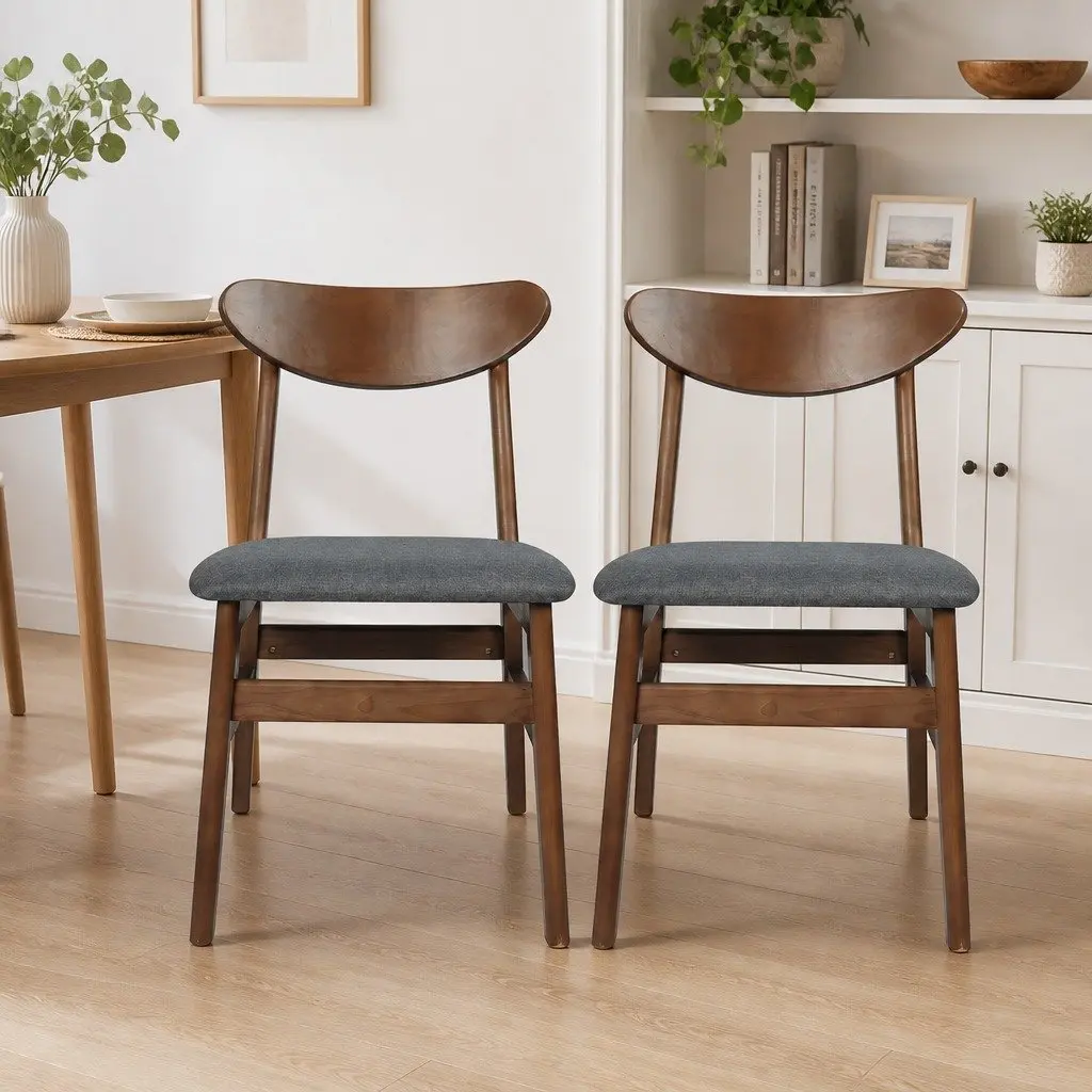 Dining Chairs Set of Four Linen Upholstered Wood Frame Walnut Kitchen Seating