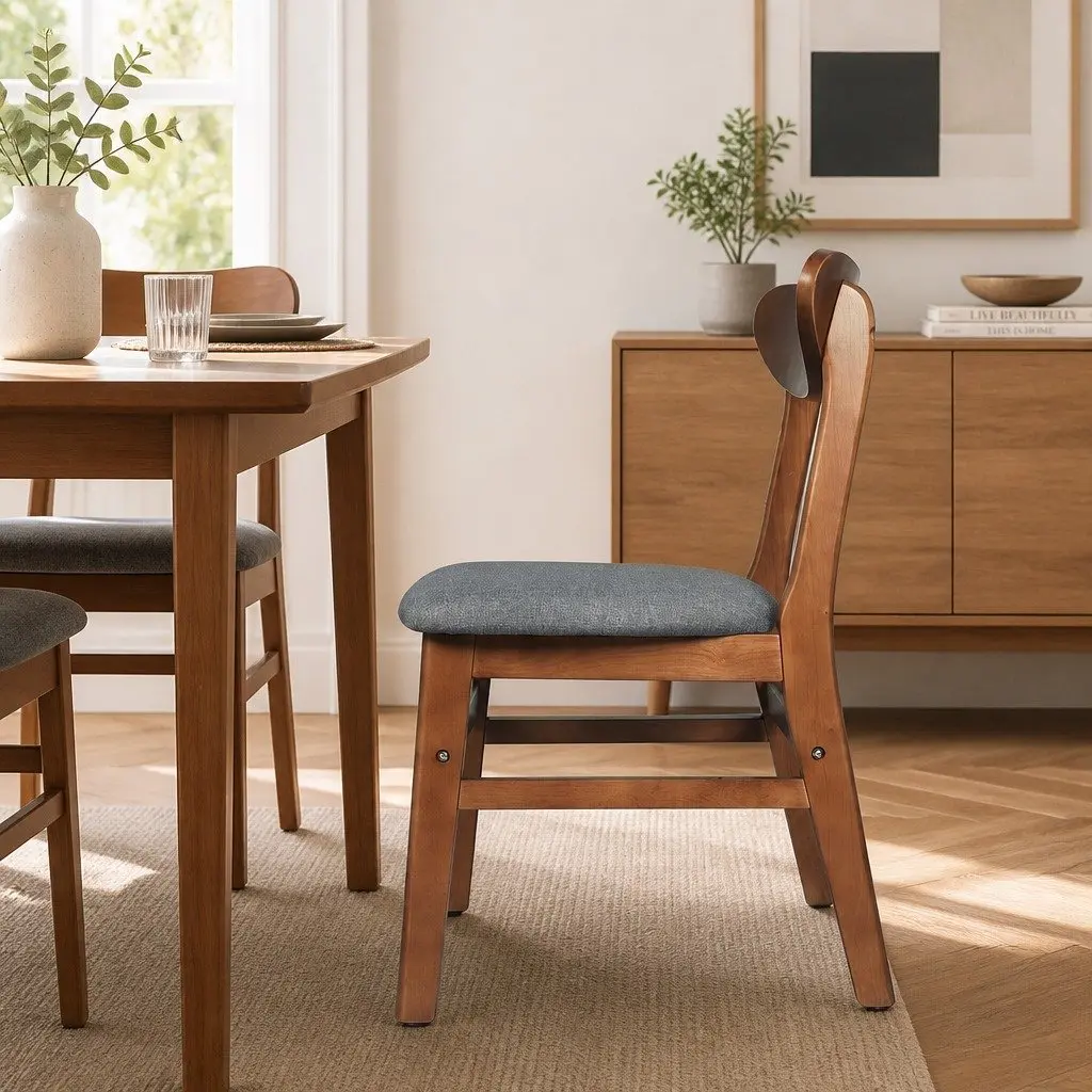 Dining Chairs Set of Four Linen Upholstered Wood Frame Walnut Kitchen Seating