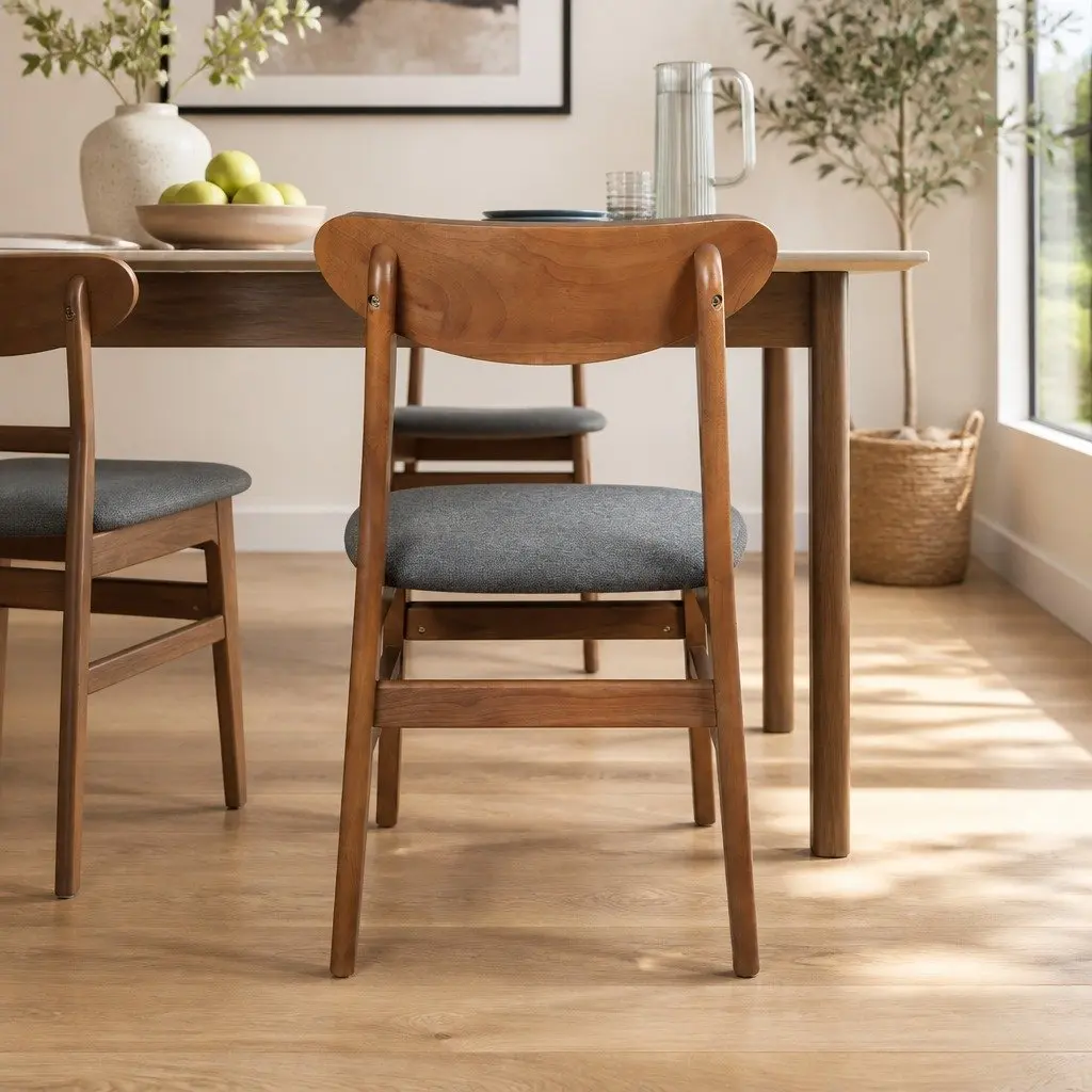 Dining Chairs Set of Four Linen Upholstered Wood Frame Walnut Kitchen Seating