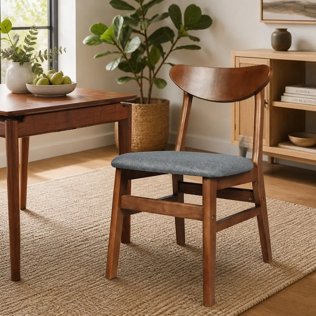 Dining Chairs Set of Four Linen Upholstered Wood Frame Walnut Kitchen Seating