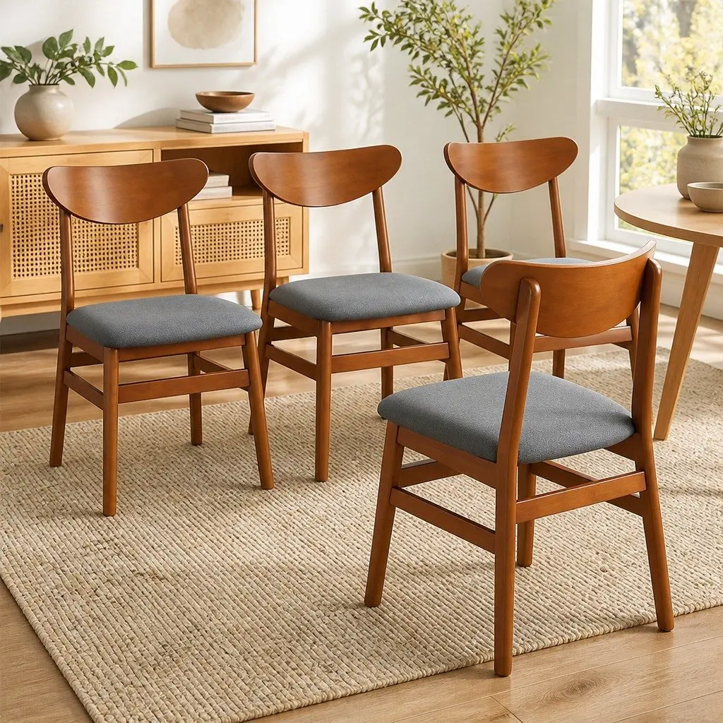 Dining Chairs Set of Four Linen Upholstered Wood Frame Walnut Kitchen Seating