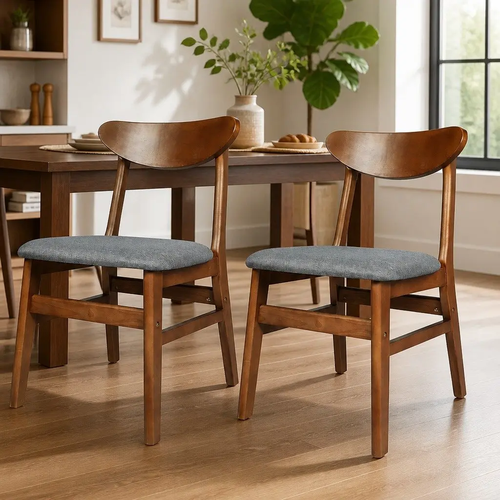 Dining Chairs Set of Four Linen Upholstered Wood Frame Walnut Kitchen Seating