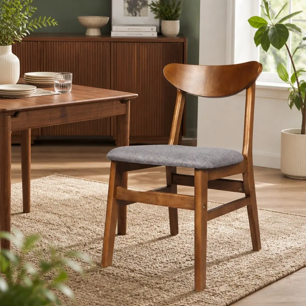 Dining Chairs Wooden Frame Linen Upholstered 45cm W x 50cm D x 76cm H Walnut Set of 8