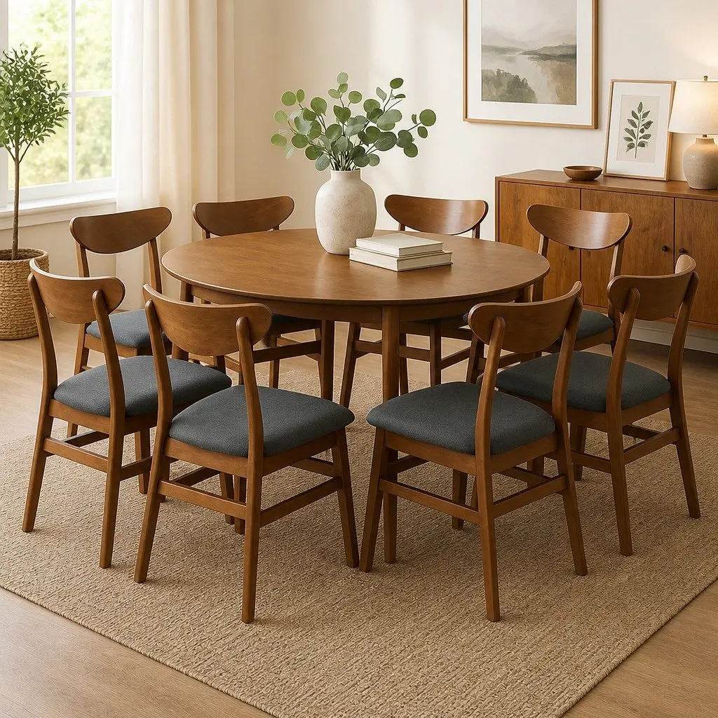 Dining Chairs Wooden Frame Linen Upholstered 45cm W x 50cm D x 76cm H Walnut Set of 8