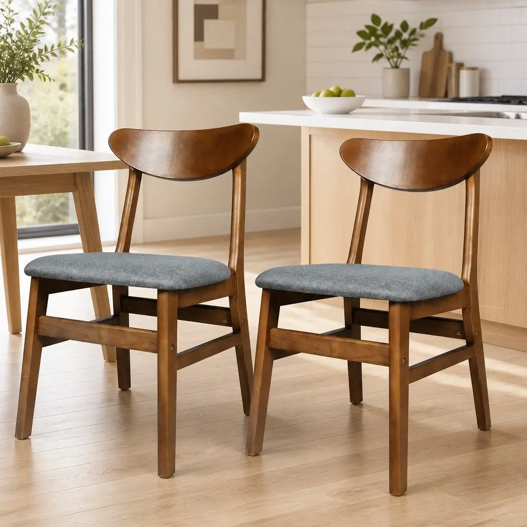 Dining Chairs Wooden Frame Linen Upholstered 45cm W x 50cm D x 76cm H Walnut Set of 8