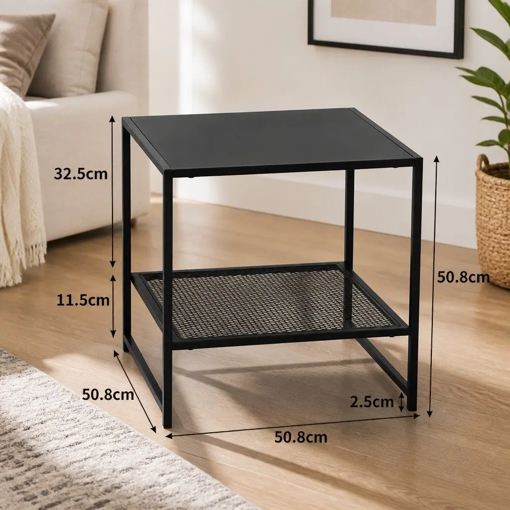 Steel Side Table Black 50.8cm Open Shelves Nightstand Bedroom Lounge End Sofa Storage