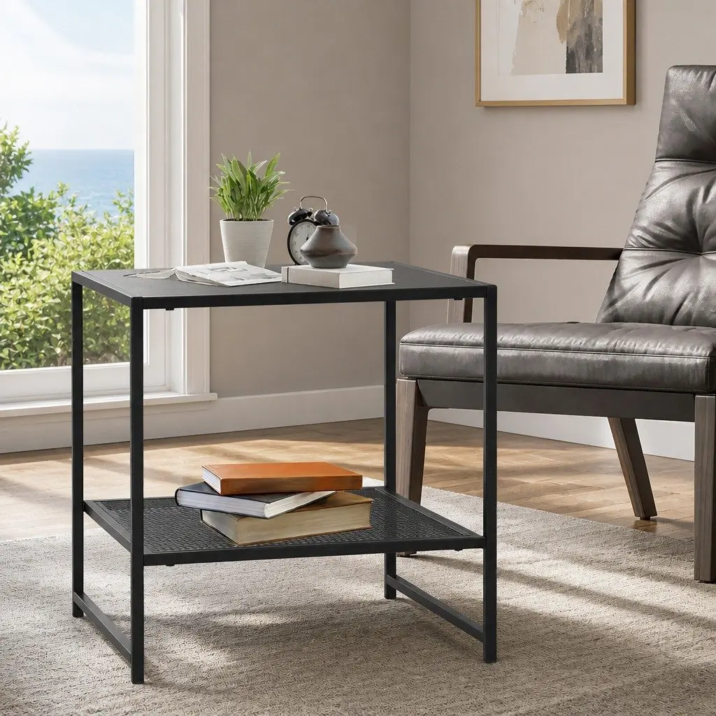 Steel Side Table Black 50.8cm Open Shelves Nightstand Bedroom Lounge End Sofa Storage