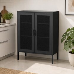 Storage Cabinet Steel Kitchen Black Mesh Doors Adjustable Shelves Pantry