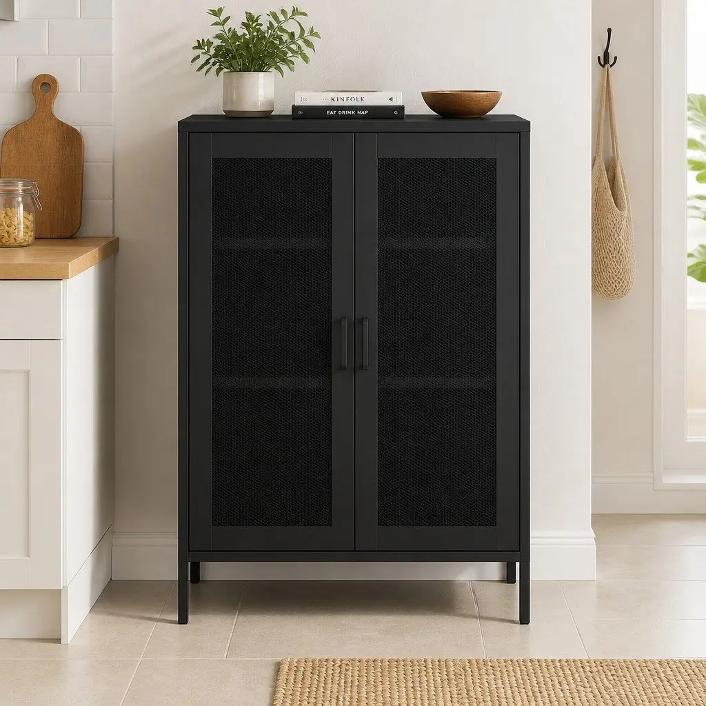 Steel Storage Cabinet Black with Mesh Doors Adjustable Shelves for Kitchen and Pantry 80cm W x 40cm D x 101.5cm H