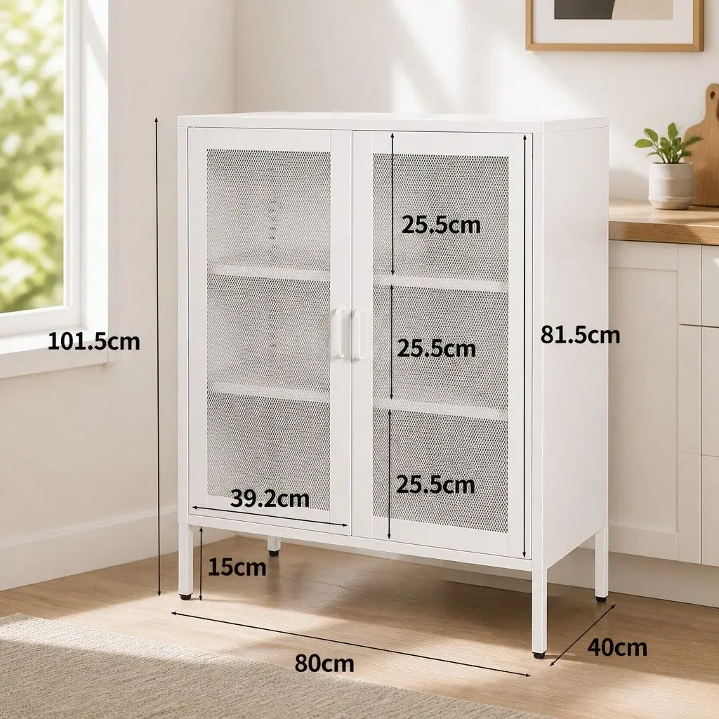 Storage Cabinet White Steel Indoor Use with Mesh Doors Adjustable Dividers 80cm Width 40cm Depth 1015cm Height