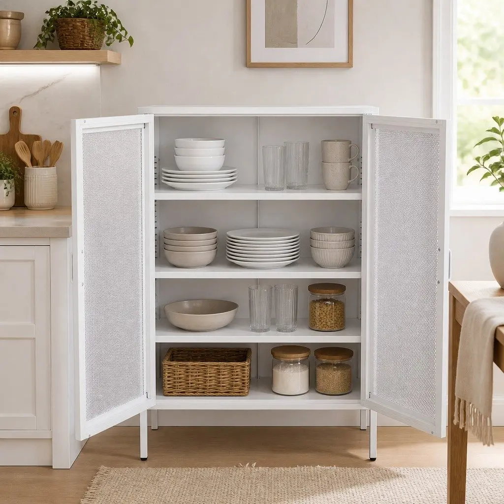 Storage Cabinet White Steel Indoor Use with Mesh Doors Adjustable Dividers 80cm Width 40cm Depth 1015cm Height