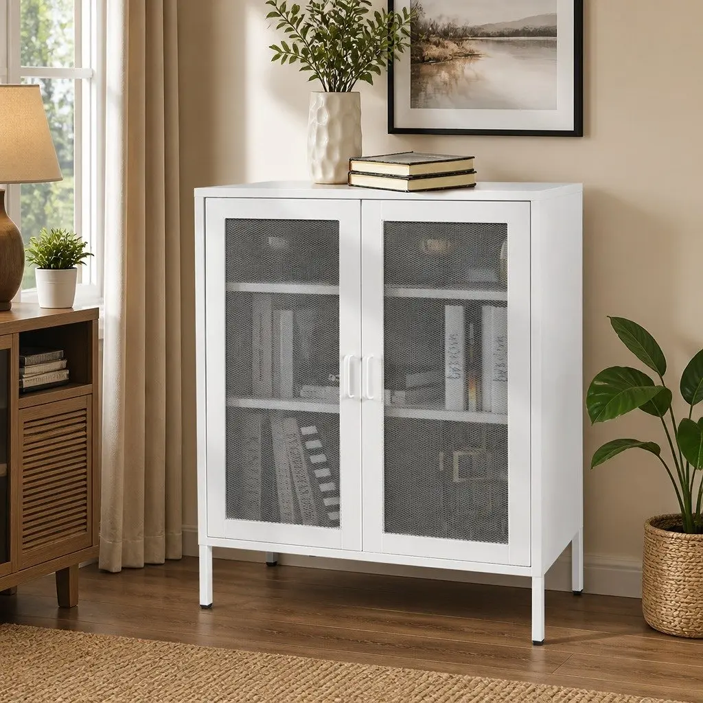 Storage Cabinet White Steel Indoor Use with Mesh Doors Adjustable Dividers 80cm Width 40cm Depth 1015cm Height