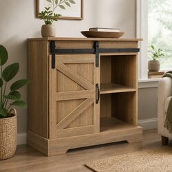 Rustic Sideboard Storage Cabinet with Sliding Barn Door Kitchen Buffet Cupboard