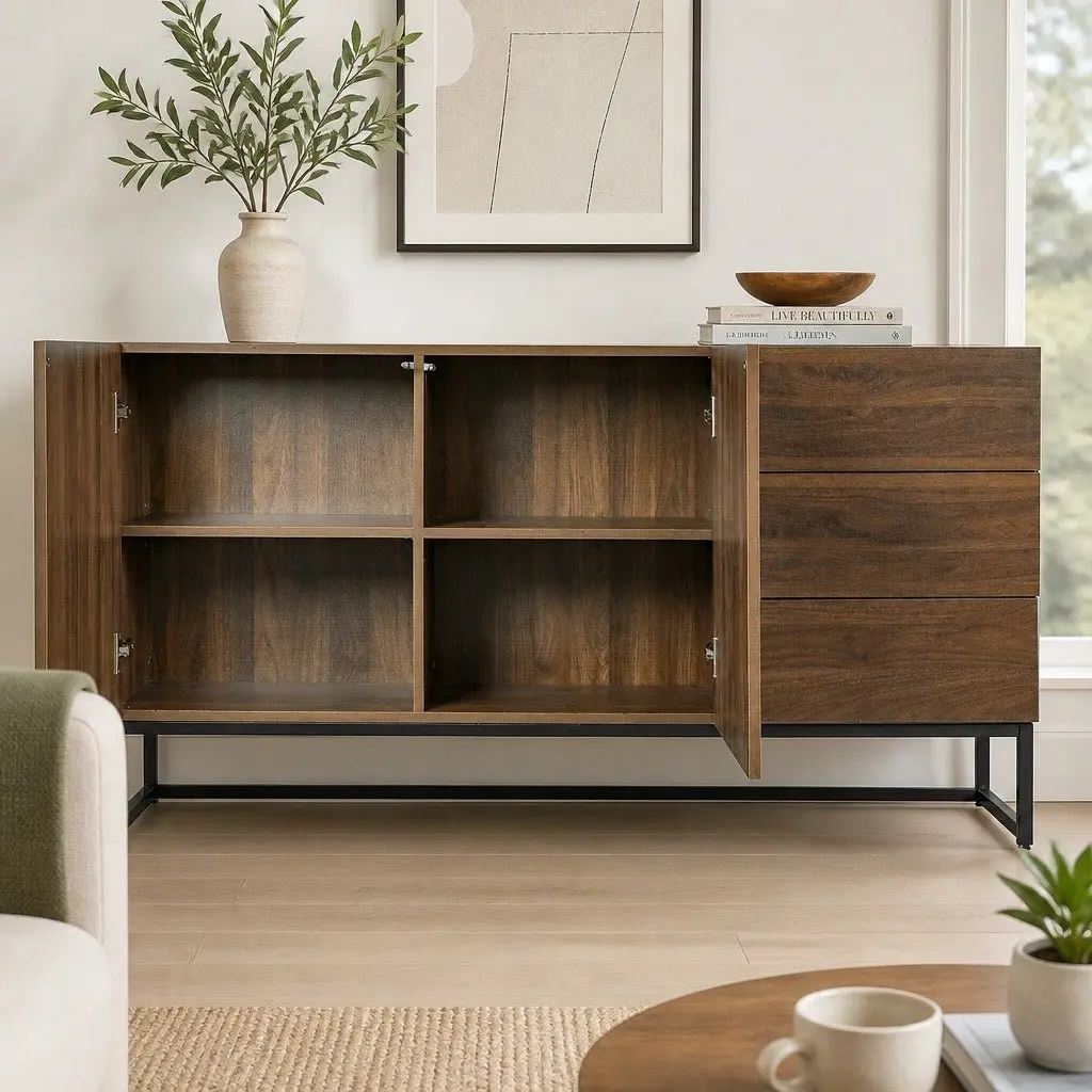 Walnut Sideboard Buffet Storage Cabinet with Drawers and Shelves Modern Design