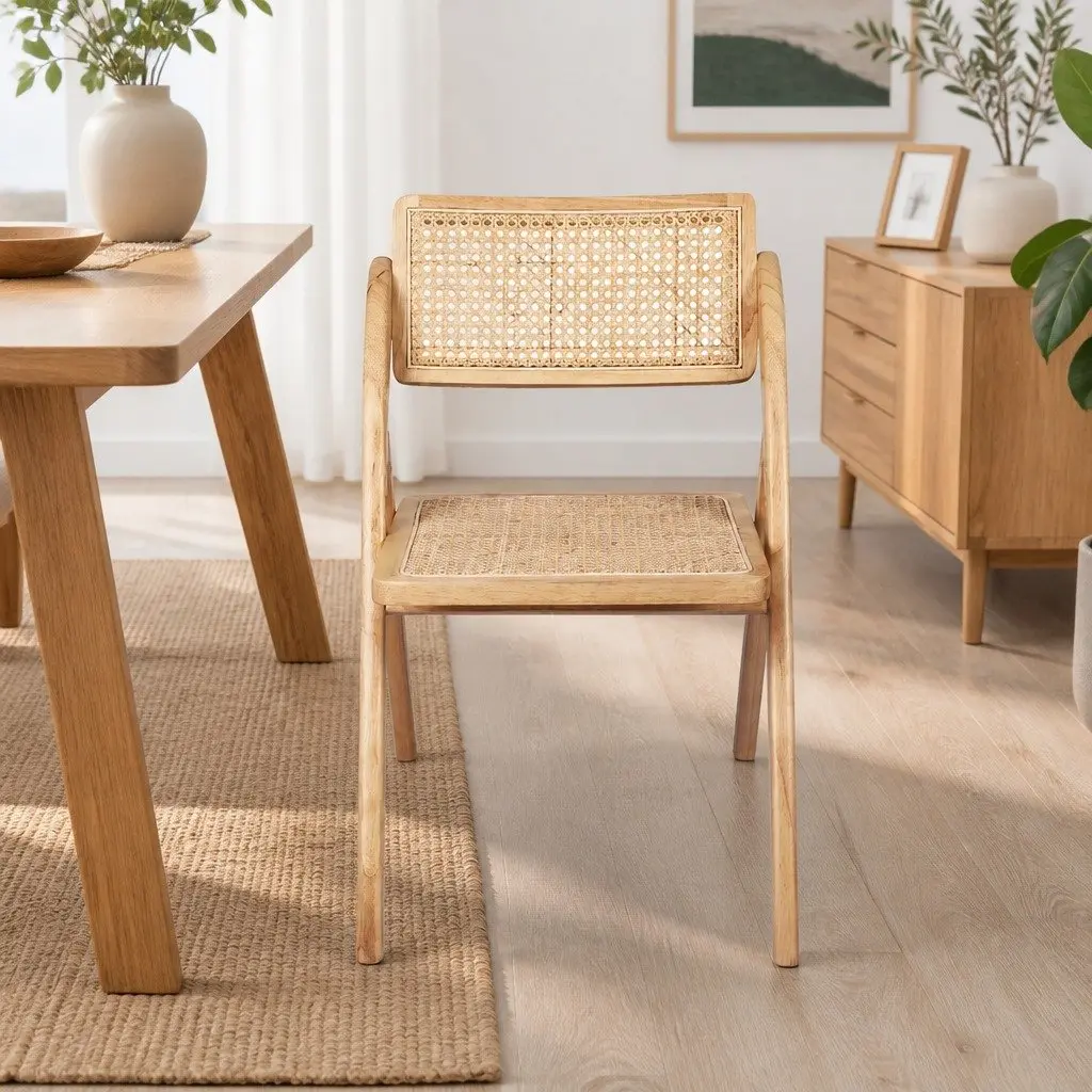 Foldable Dining Chairs Rattan Rubber Wood Natural 4 Piece Set