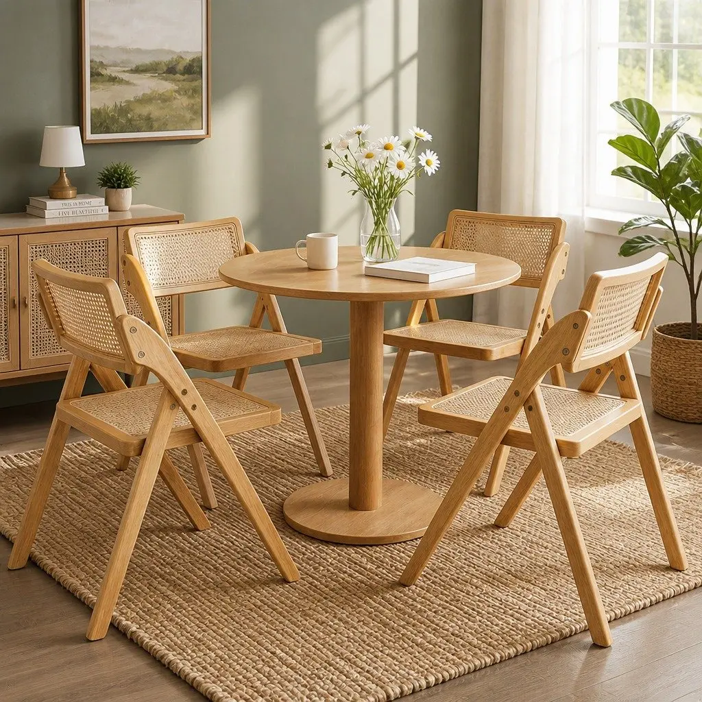 Foldable Dining Chairs Rattan Rubber Wood Natural 4 Piece Set