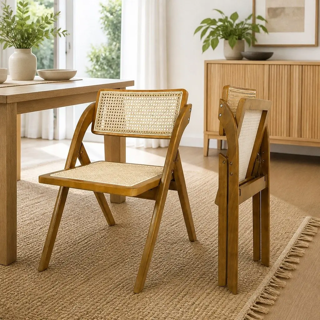 Foldable Dining Chairs Rubber Wood Frame Rattan Weaving Walnut Colour Set of 4