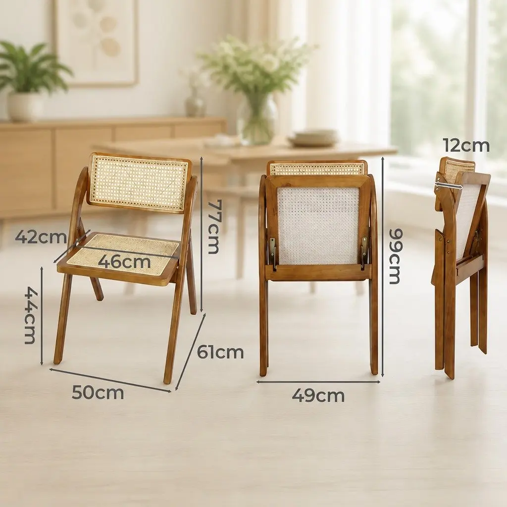 Foldable Dining Chairs Rubber Wood Frame Rattan Weaving Walnut Colour Set of 4