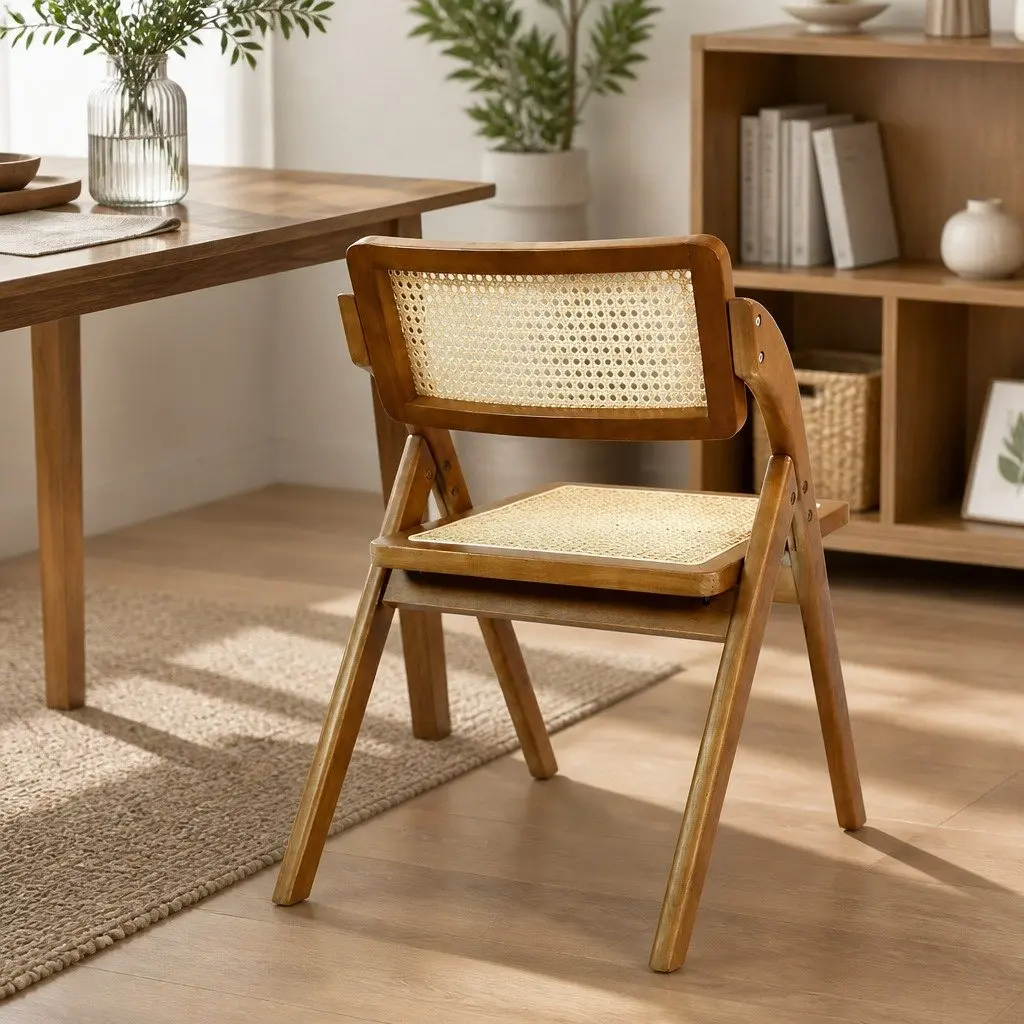 Foldable Dining Chairs Rubber Wood Frame Rattan Weaving Walnut Colour Set of 4