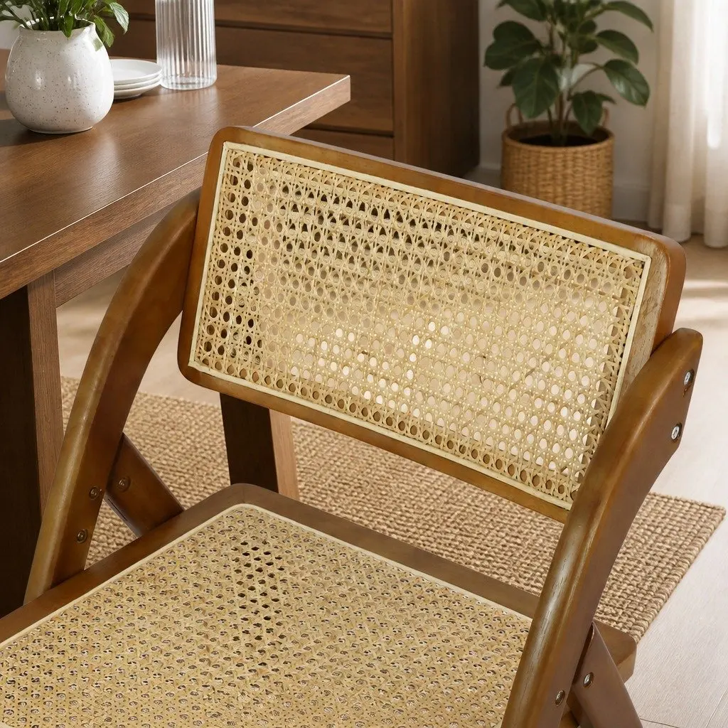 Foldable Dining Chairs Rubber Wood Frame Rattan Weaving Walnut Colour Set of 4