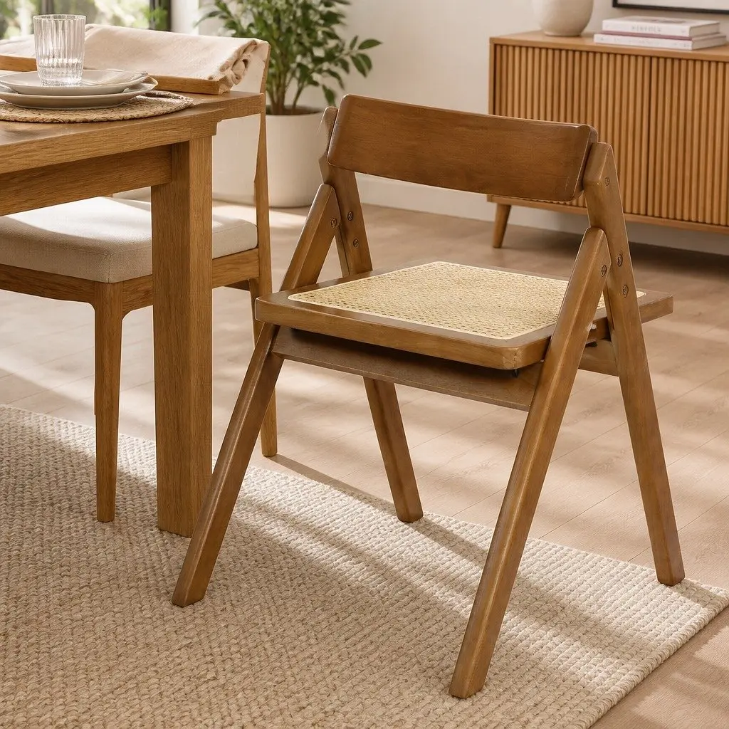 Foldable Dining Chairs Rubber Wood Frame Rattan Weaving Walnut Colour Set of 4