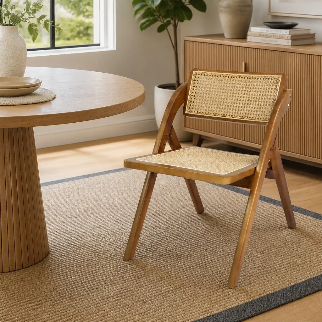 Foldable Dining Chairs Rubber Wood Frame Rattan Weaving Walnut Colour Set of 4