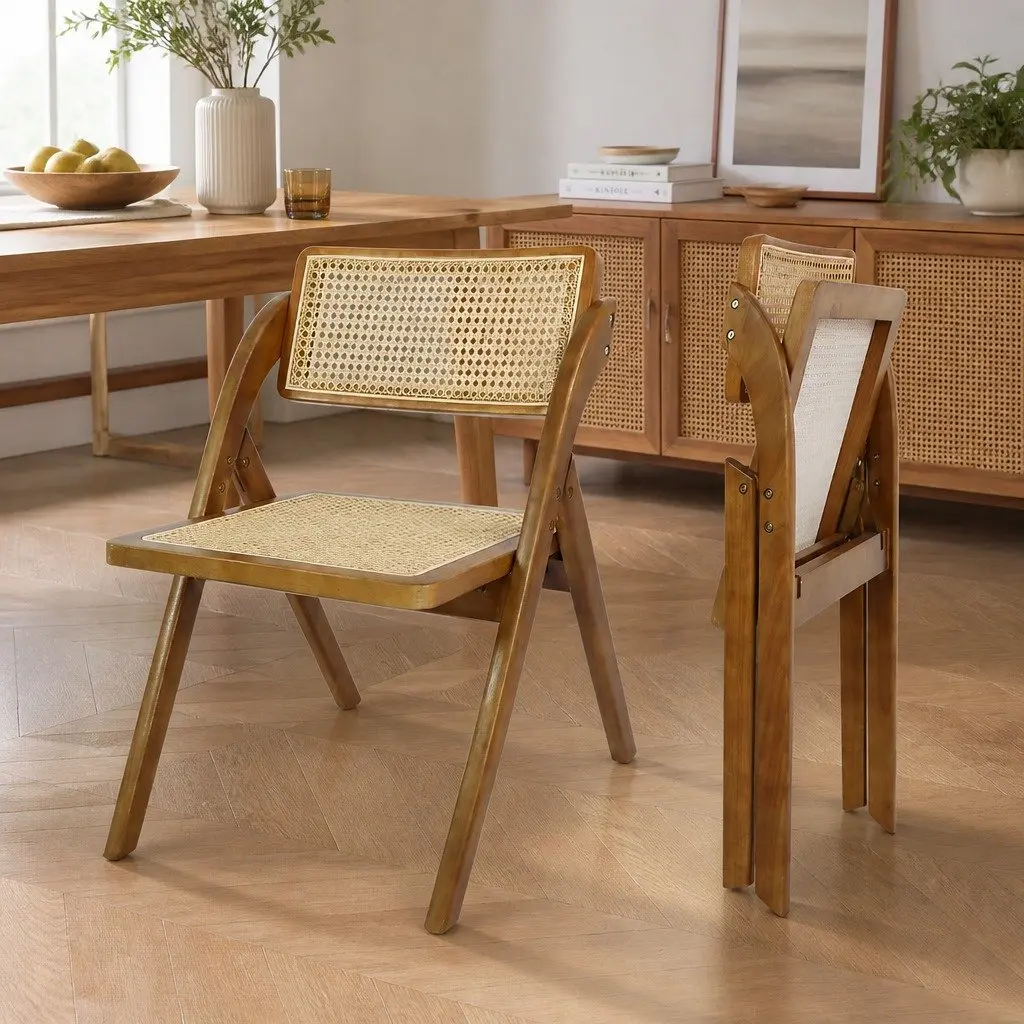 Foldable Dining Chairs Rubber Wood Frame Rattan Weaving Walnut Colour Set of 4