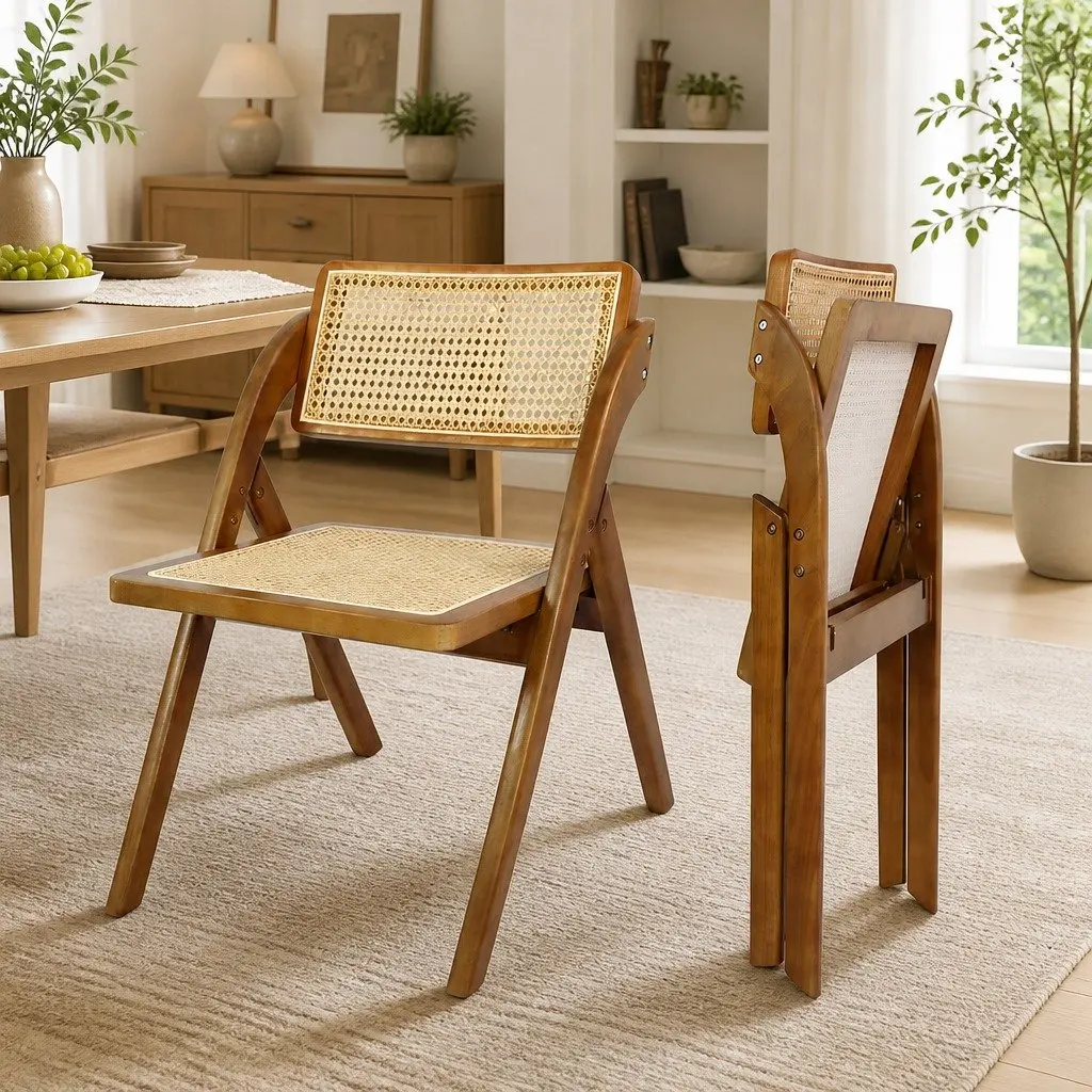 Foldable Rattan Dining Chairs Rubber Wood Frame Walnut Set of 6