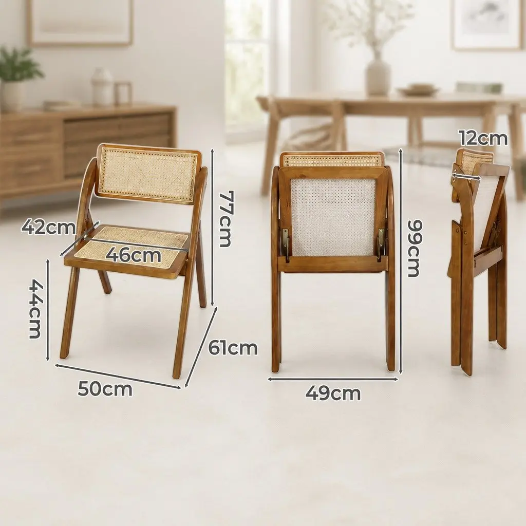Foldable Rattan Dining Chairs Rubber Wood Frame Walnut Set of 6