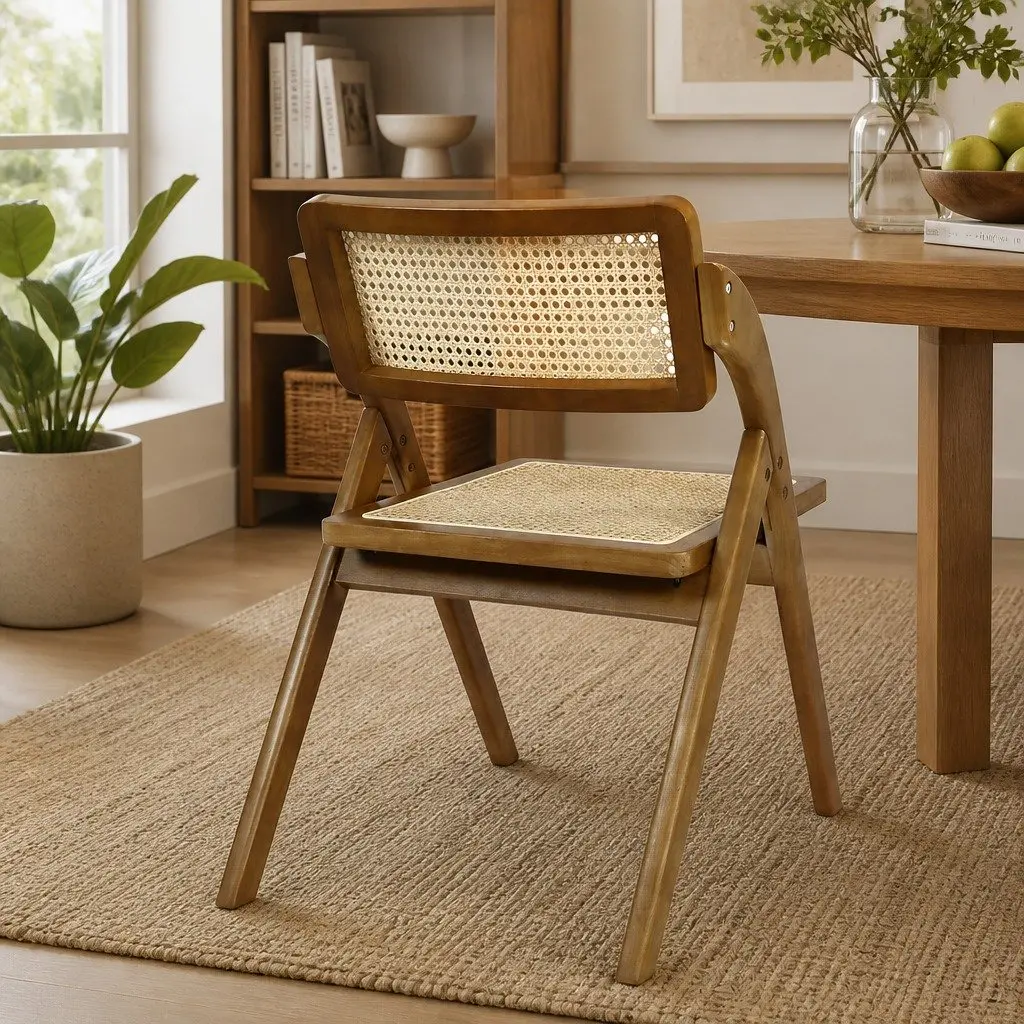 Foldable Rattan Dining Chairs Rubber Wood Frame Walnut Set of 6