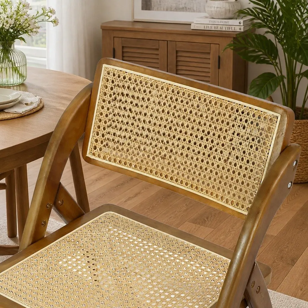 Foldable Rattan Dining Chairs Rubber Wood Frame Walnut Set of 6