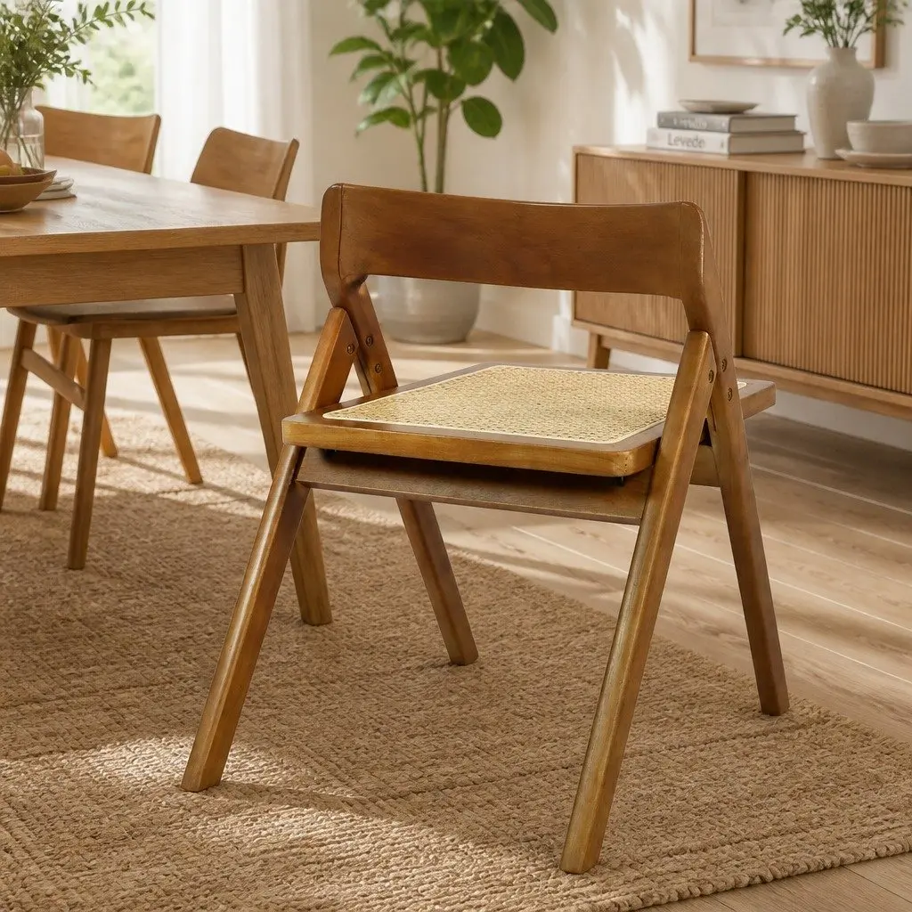 Foldable Rattan Dining Chairs Rubber Wood Frame Walnut Set of 6