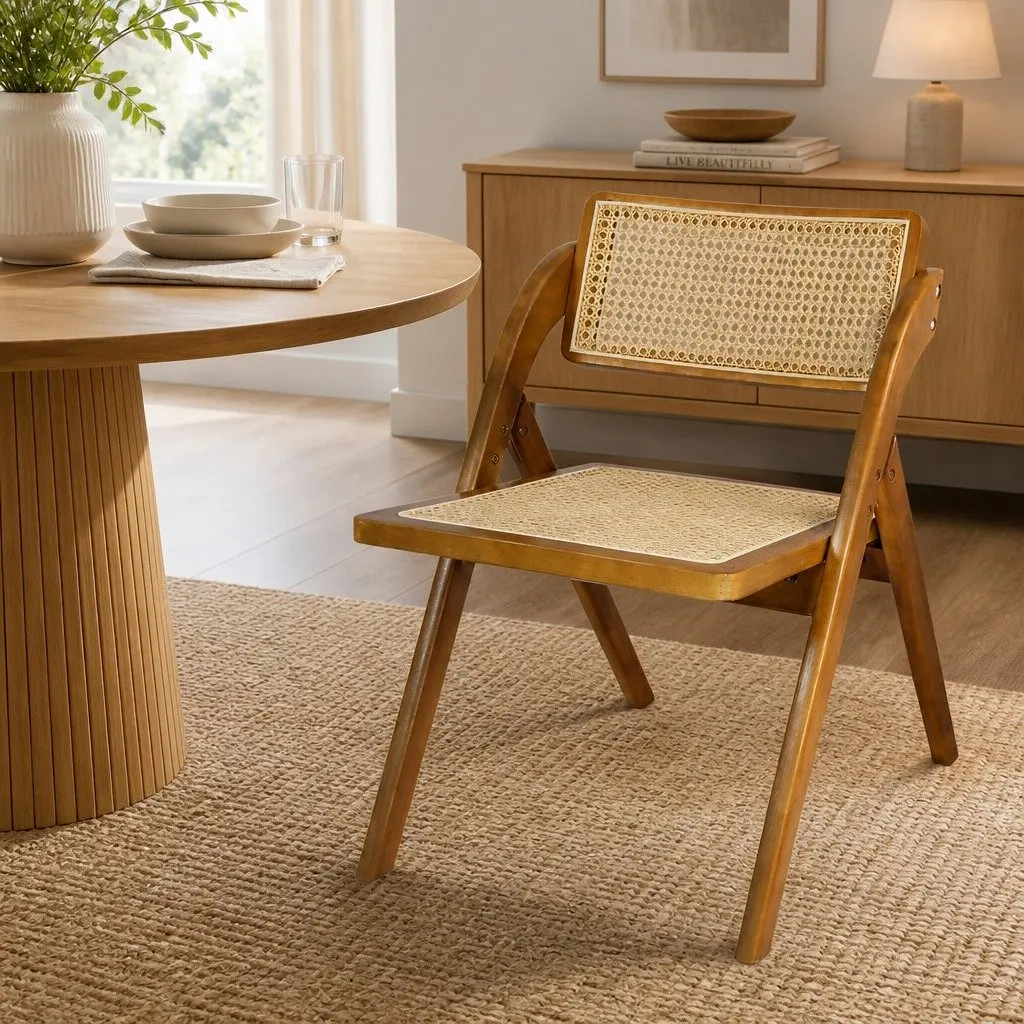 Foldable Rattan Dining Chairs Rubber Wood Frame Walnut Set of 6