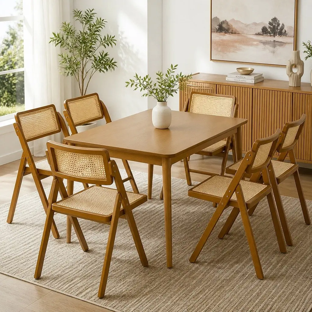 Foldable Rattan Dining Chairs Rubber Wood Frame Walnut Set of 6