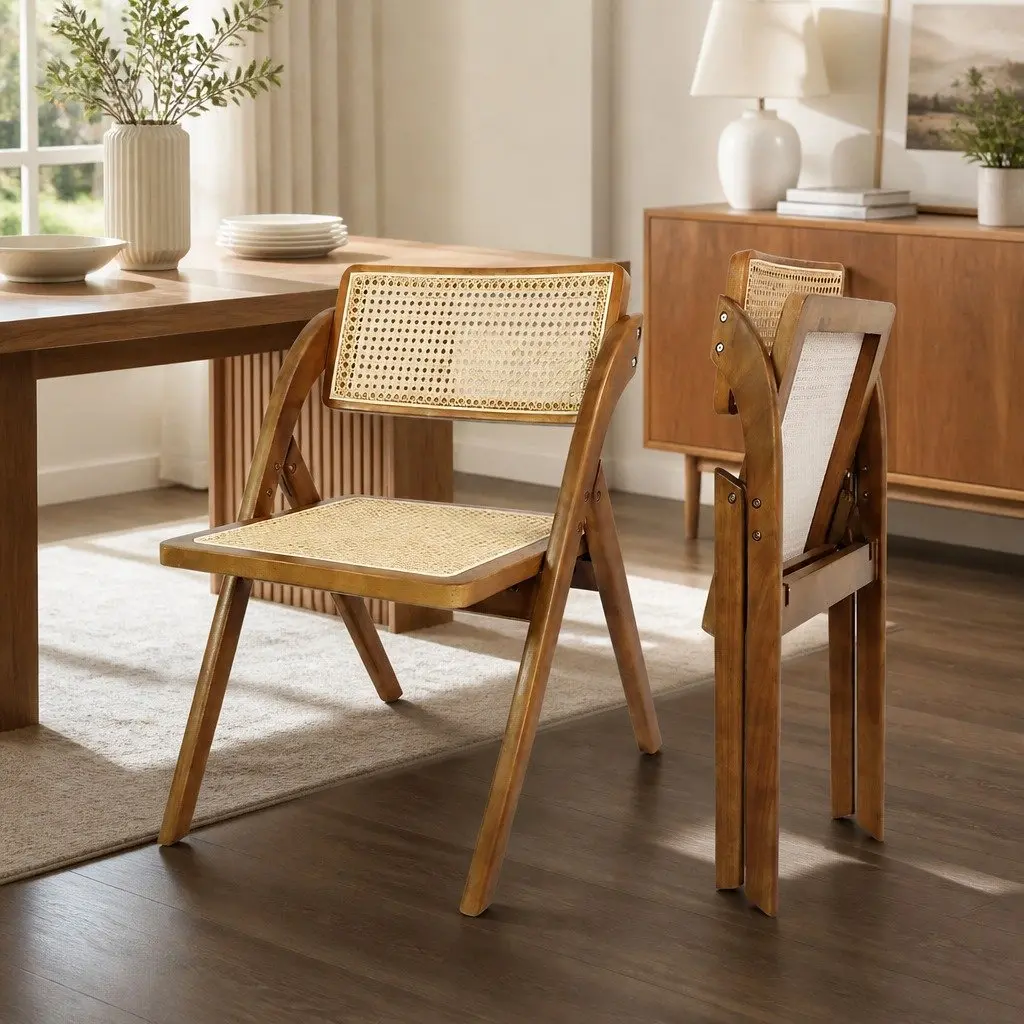 Foldable Rattan Dining Chairs Rubber Wood Frame Walnut Set of 6