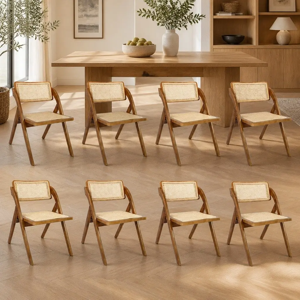 Foldable Dining Chairs Rubber Wood Frame Rattan Weaving 8 Piece Walnut Colour
