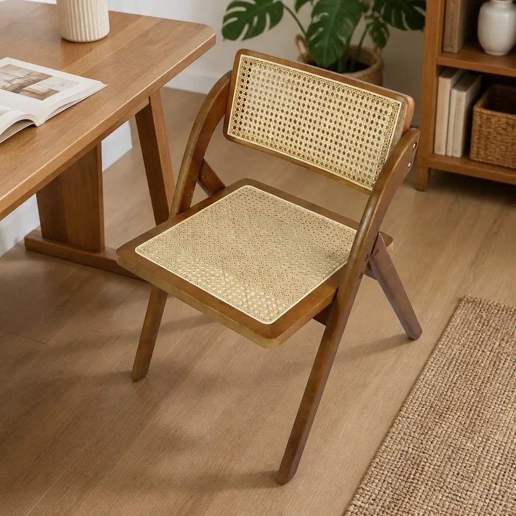 Foldable Dining Chairs Rubber Wood Frame Rattan Weaving 8 Piece Walnut Colour