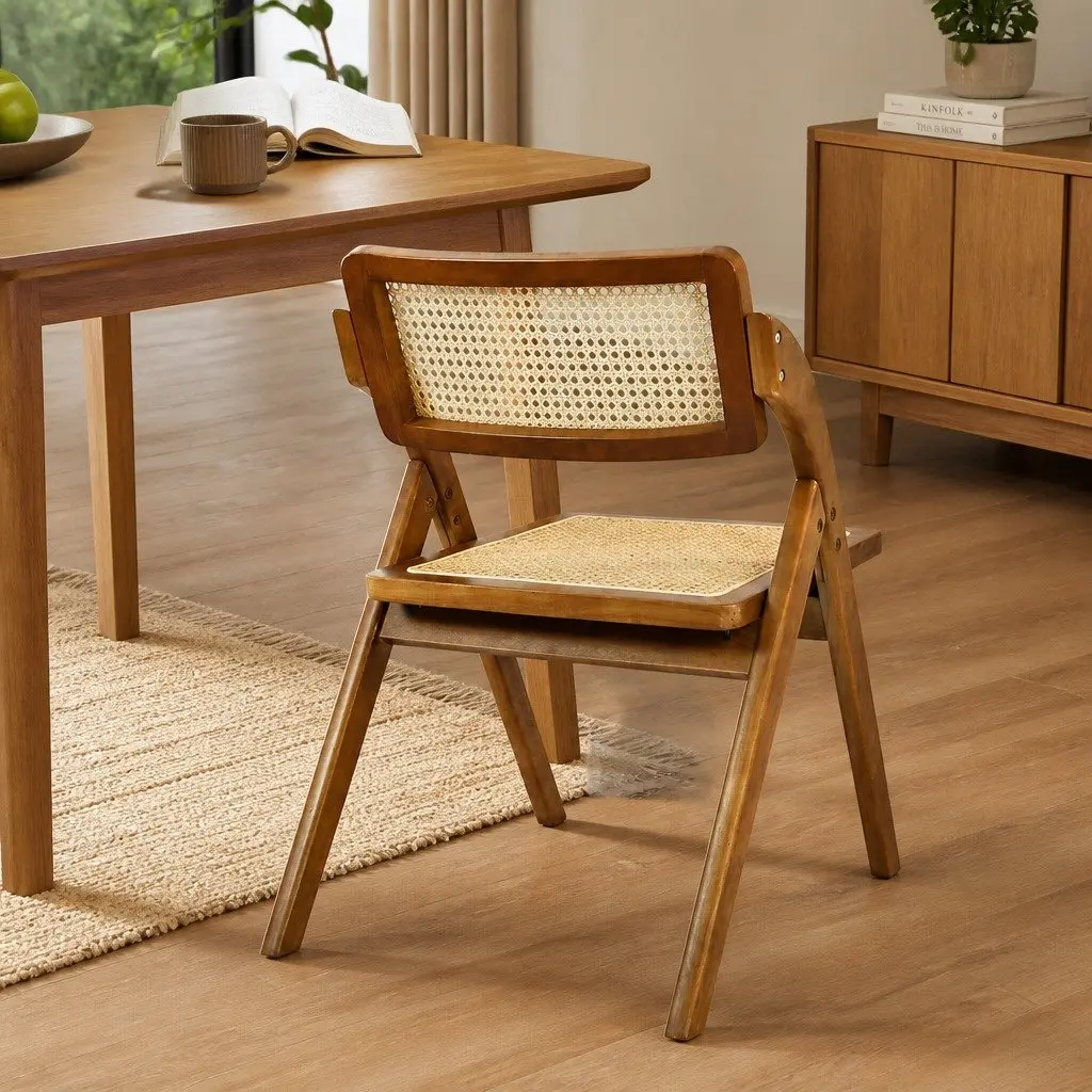 Foldable Dining Chairs Rubber Wood Frame Rattan Weaving 8 Piece Walnut Colour