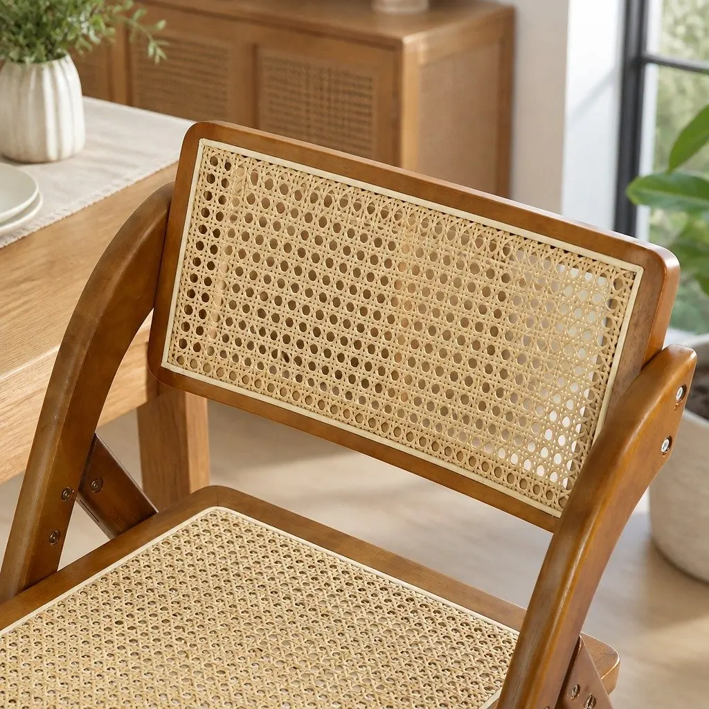 Foldable Dining Chairs Rubber Wood Frame Rattan Weaving 8 Piece Walnut Colour