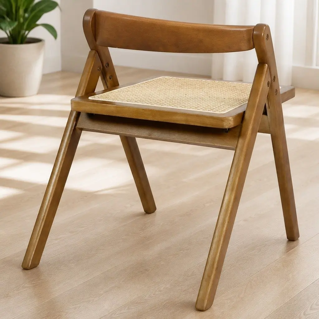 Foldable Dining Chairs Rubber Wood Frame Rattan Weaving 8 Piece Walnut Colour