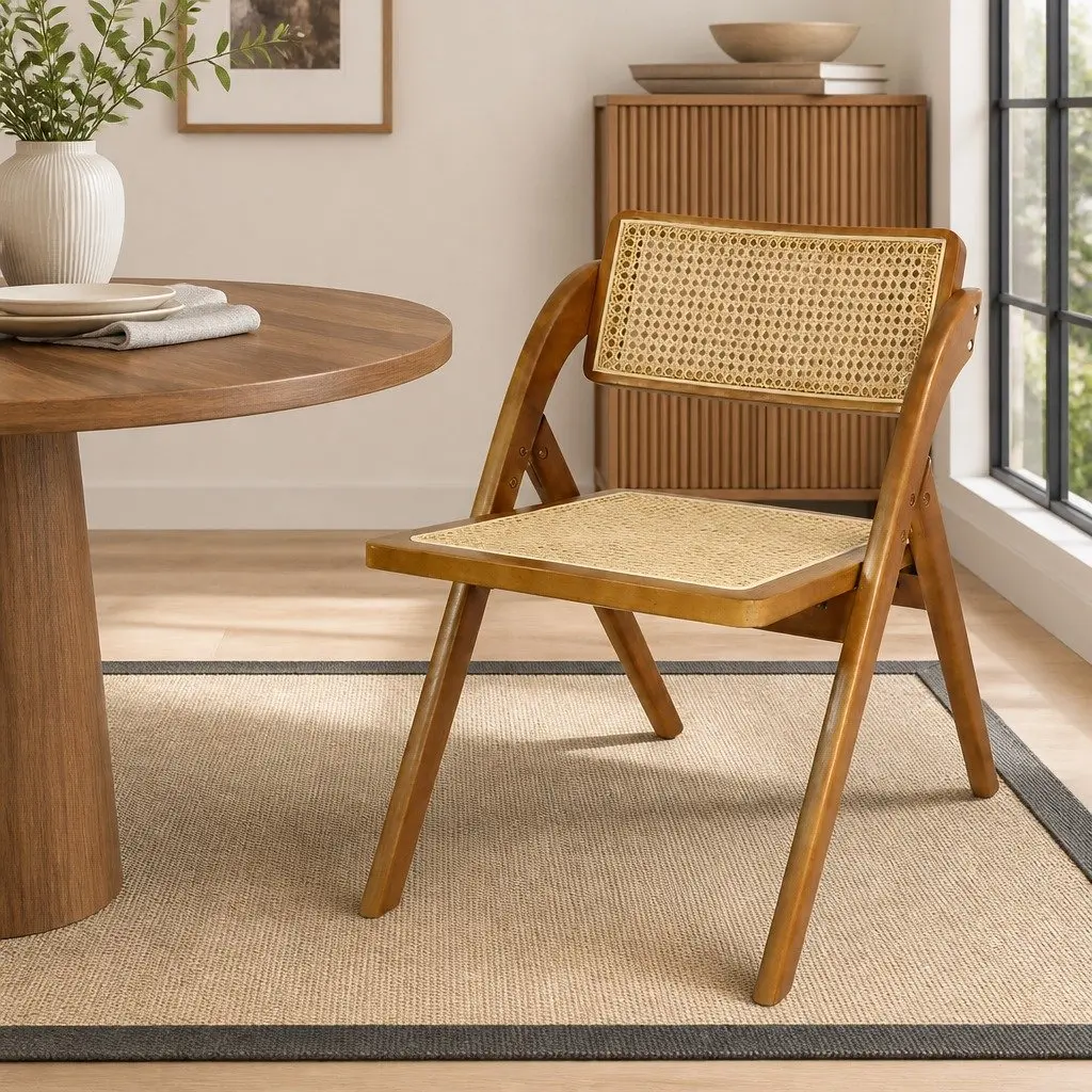 Foldable Dining Chairs Rubber Wood Frame Rattan Weaving 8 Piece Walnut Colour