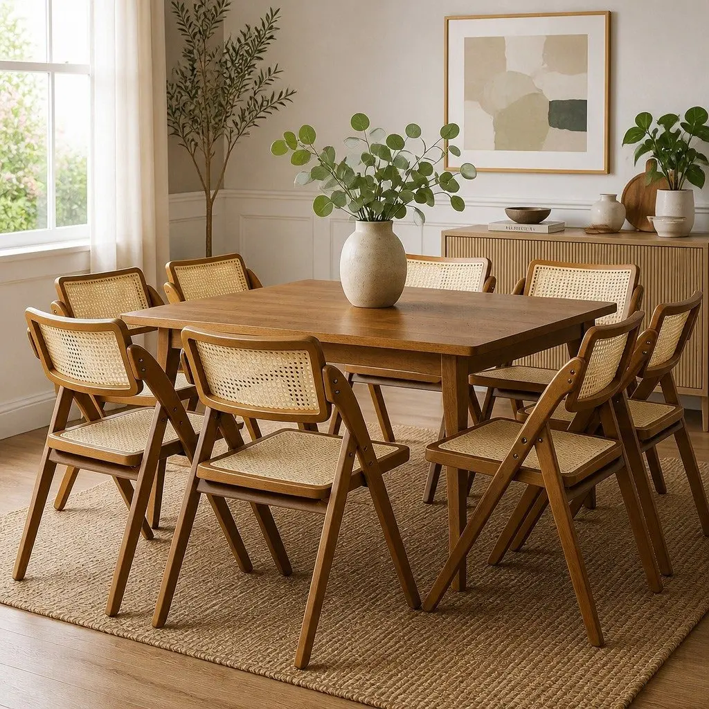 Foldable Dining Chairs Rubber Wood Frame Rattan Weaving 8 Piece Walnut Colour