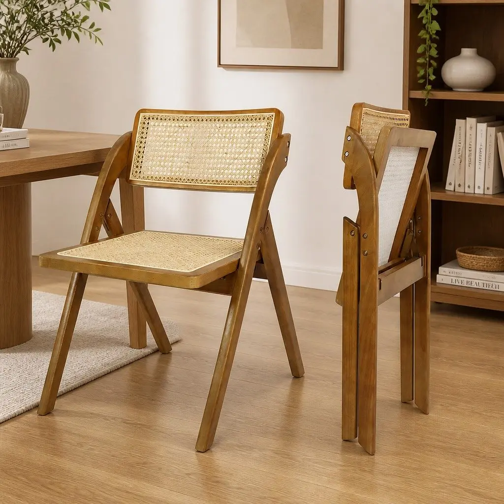 Foldable Dining Chairs Rubber Wood Frame Rattan Weaving 8 Piece Walnut Colour